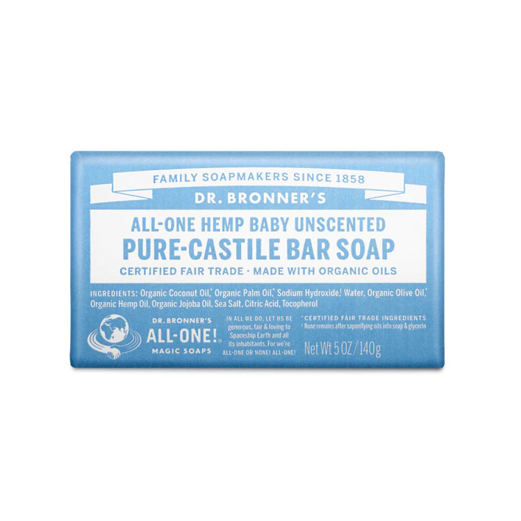 Dr Bronners Baby Mild Unscented Pure Castile Soap Bar 140g